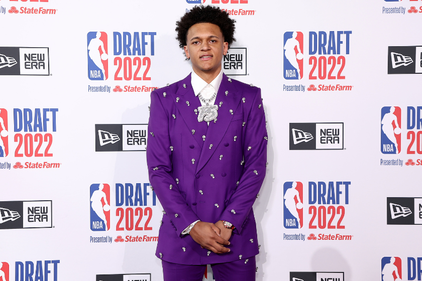Paolo Banchero poses on the Red Carpet ahead of the 2022 NBA Draft.