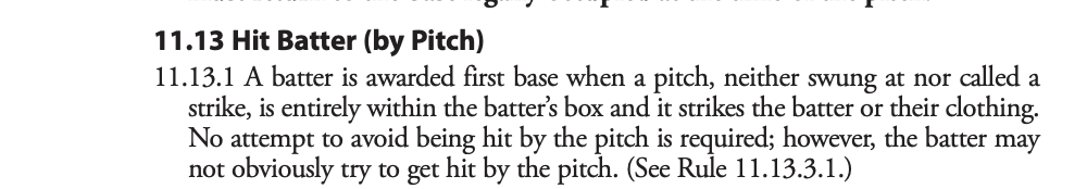 The NCAA rules dictate what is a hit by pitch.