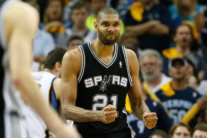 Tim Duncan reacts to a play in the Western Conference Finals in 2013