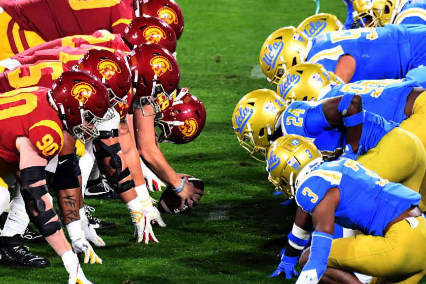 USC and UCLA line up at the line of scrimmage during a meeting in 2020.