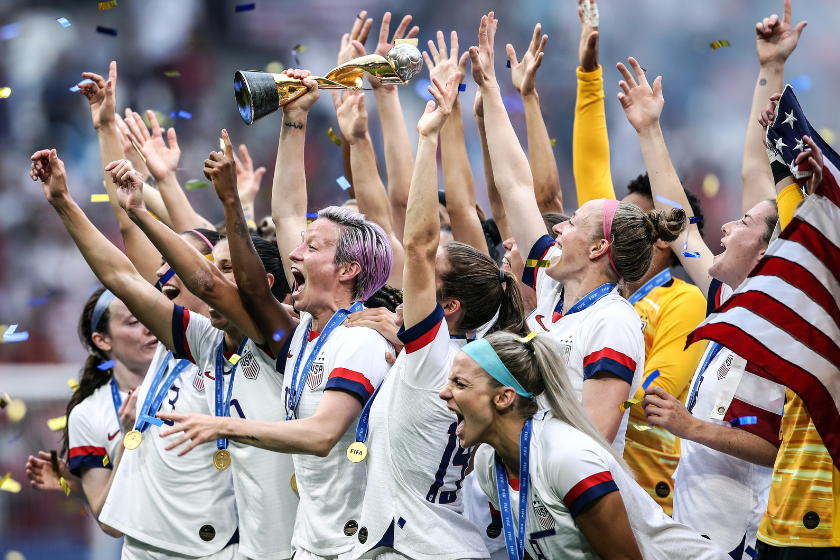 The USWNT celebrates winning the 2019 Women's World Cup in France