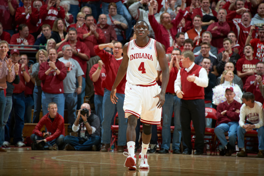 Victor Oladipo walks down the court as Indiana fans go crazy.