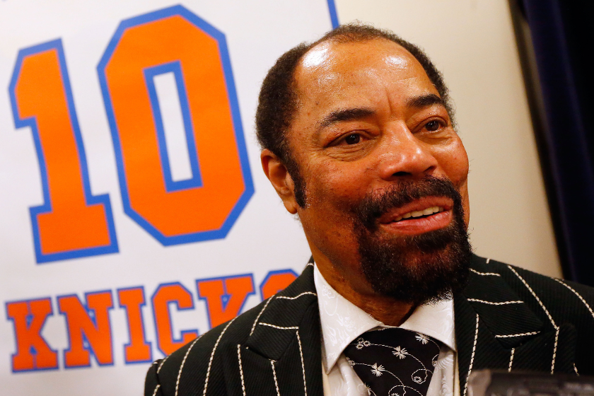 Walt Frazier speaks to the media ahead of a game where he and his fellow World Champion Knicks were to be honored.