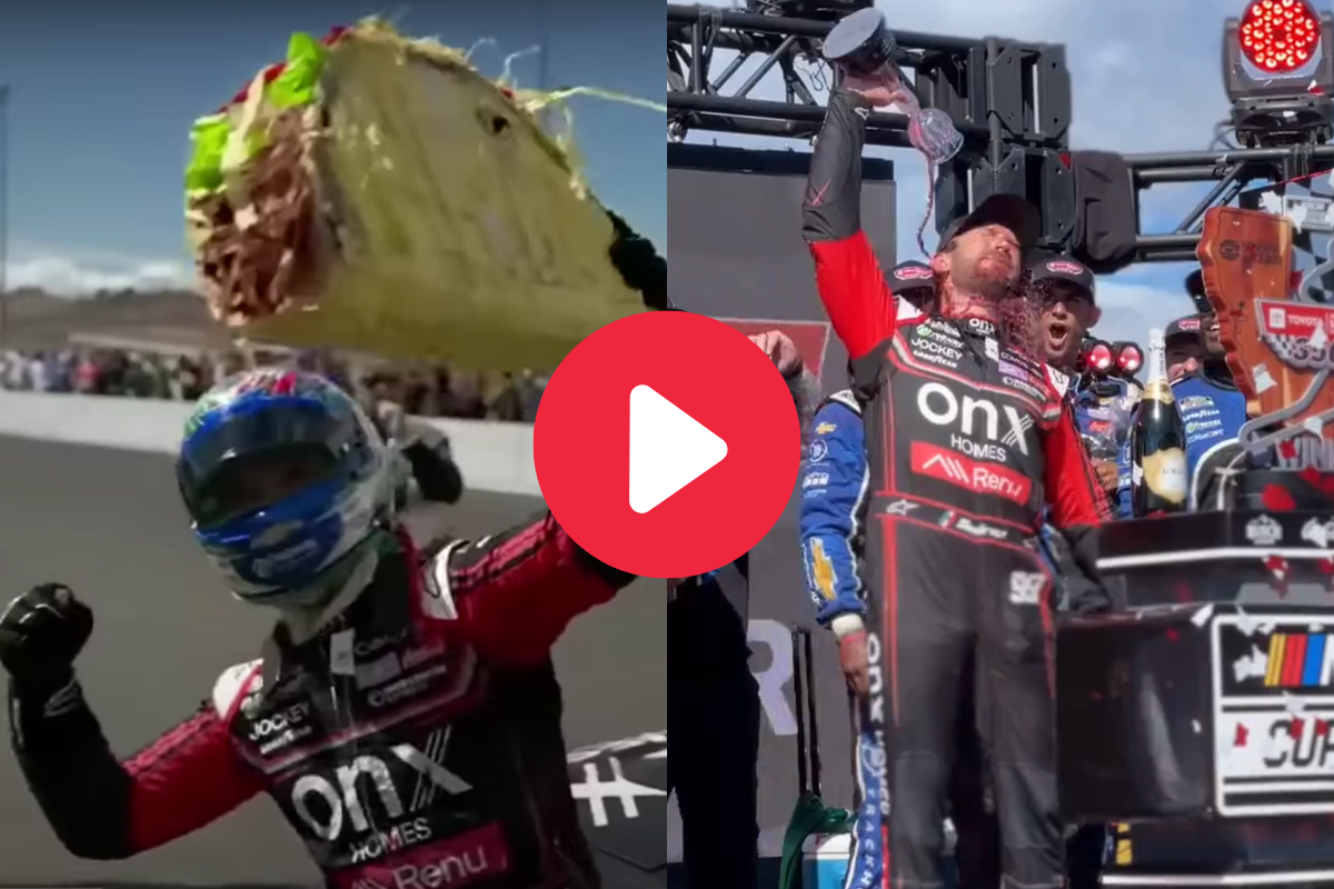 daniel suarez punches a taco pinata and douses himself with wine after first nascar cup series win at sonoma raceway
