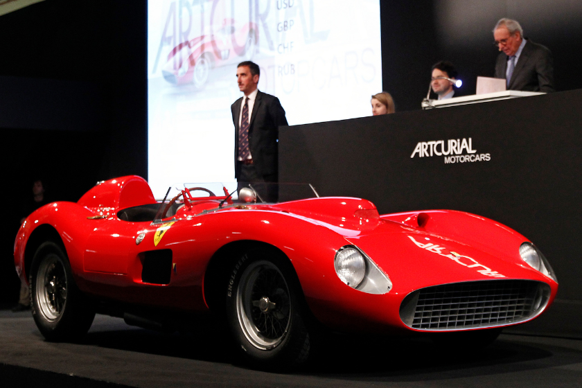 1957 Ferrari 335 S Spider Scaglietti model from the Pierre Bardinon collection is displayed during the auction at Retromobile show by the Artcurial auction house