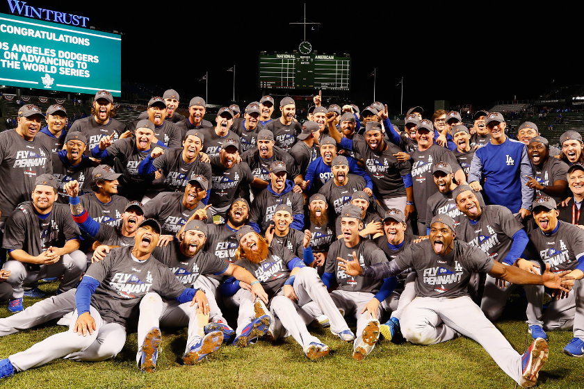 The 2017 Los Angeles Dodgers celebrate their NLCS victory over the Chicago Cubs