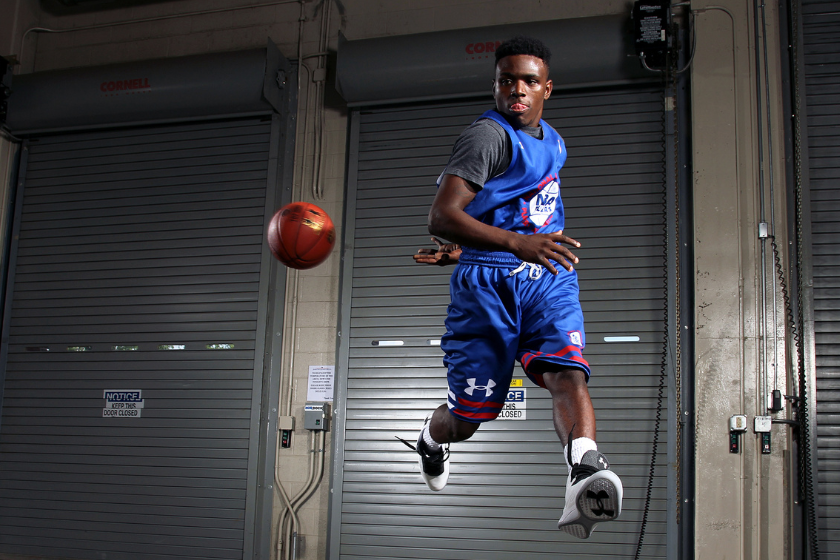 Aquille Carr #1 poses during a portrait session at the 19th annual National Basketball Players Association top 100 Camp