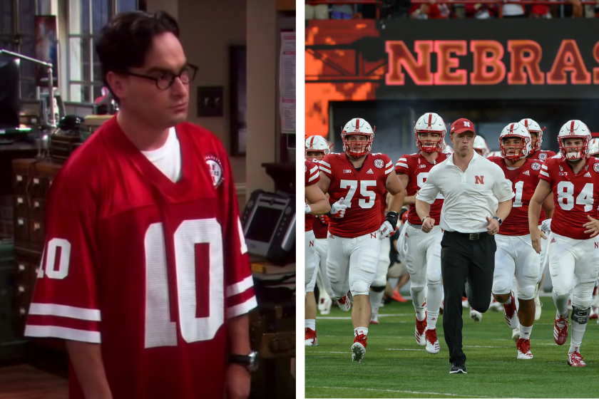 Leonard models his new Nebraska Cornhuskers jersey in The Big Bang Theory, the Nebraska Cornhusker football team enters the field ahead of a game.