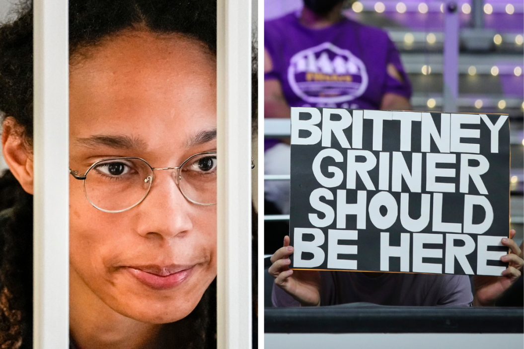 WNBA basketball superstar Brittney Griner looks from inside a defendants' cage before a hearing at the Khimki Court, Fans hold signs referring to Brittney Griner of the Phoenix Mercury