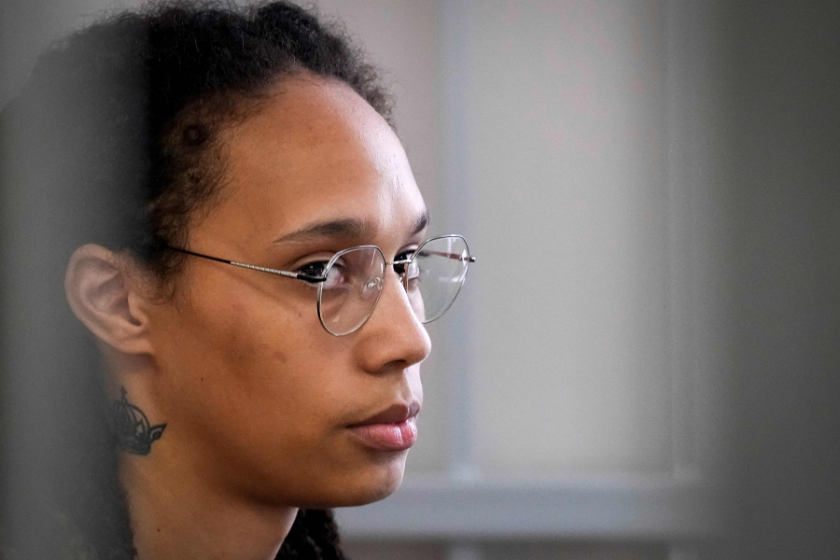 US WNBA basketball superstar Brittney Griner sits inside a defendants' cage before a hearing at the Khimki Court