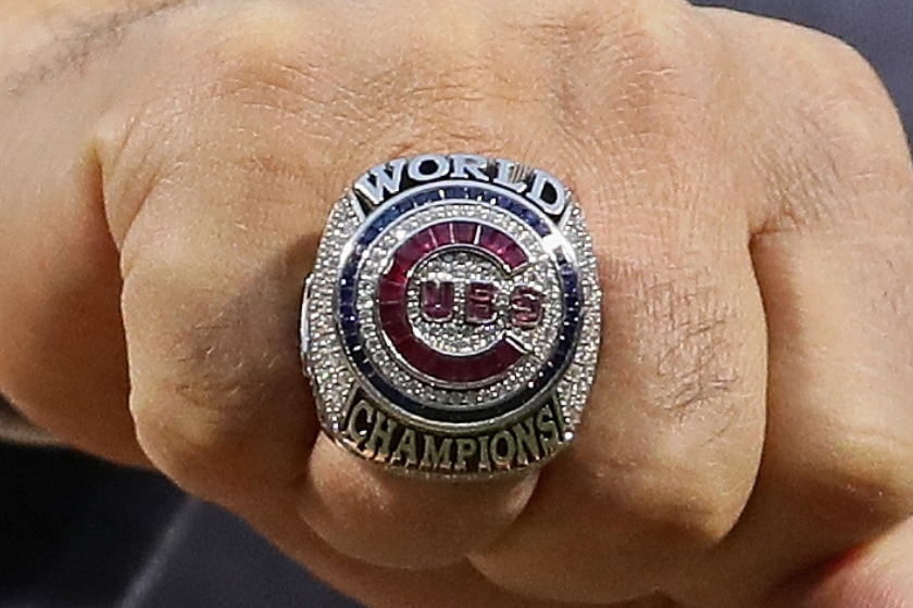 General manager Jed Hoyer of the Chicago Cubs show off the 2016 World Series Championship ring 