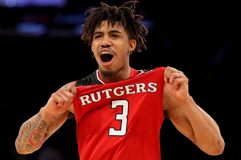 Corey Sanders #3 of the Rutgers Scarlet Knights celebrates in the second half against the Indiana Hoosiers