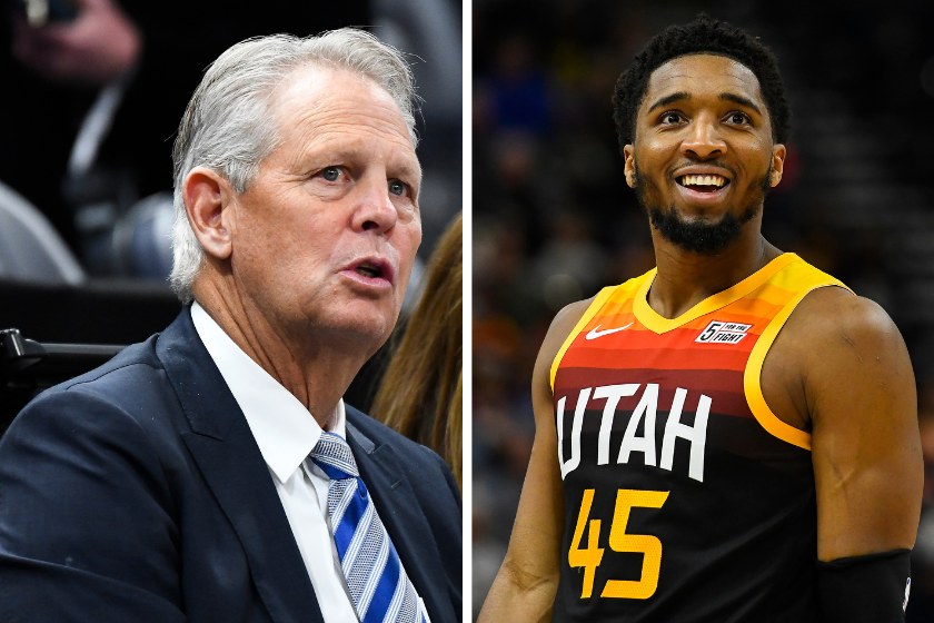 Danny Ainge sitting courtside, Donovan Mitchell in action for the Utah Jazz