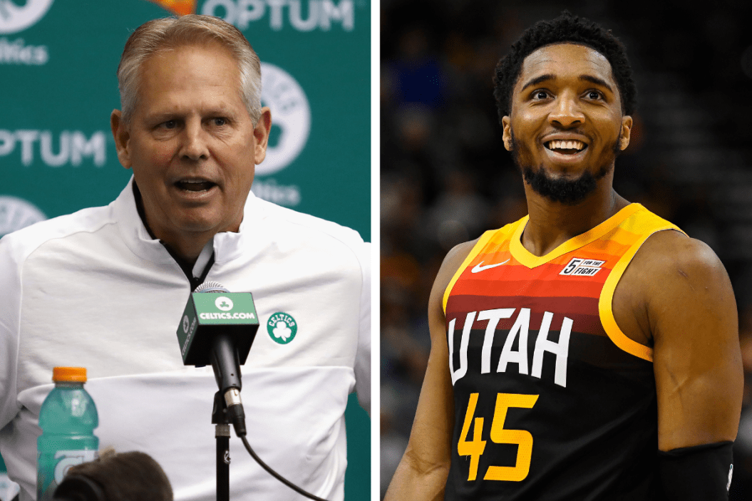 Danny Ainge as a Celtics Press Conference, Donovan Mitchell in action for the Utah Jazz