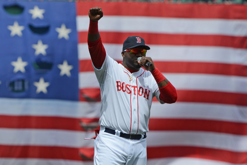 David Ortiz #34 of the Boston Red Sox addresses the crowd before the start of a game