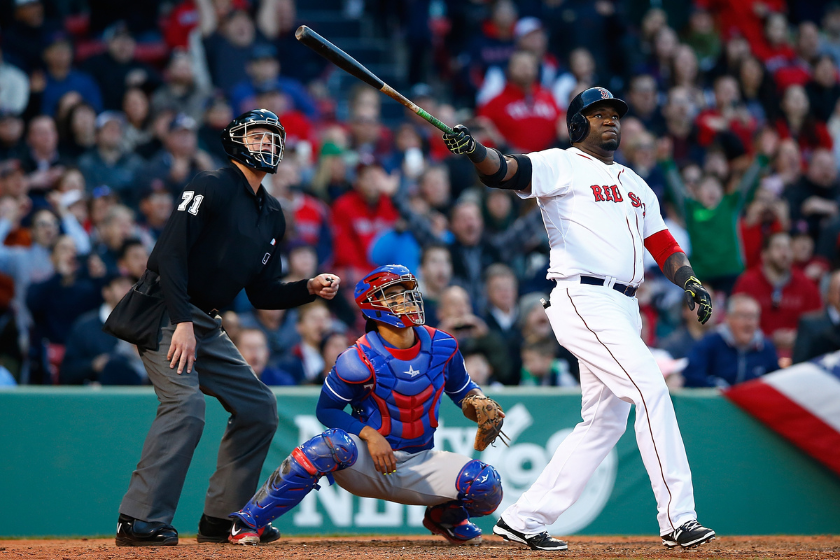  David Ortiz #34 of the Boston Red Sox watches the ball after hitting a three-run home run in the 8th inning against the Texas Rangers