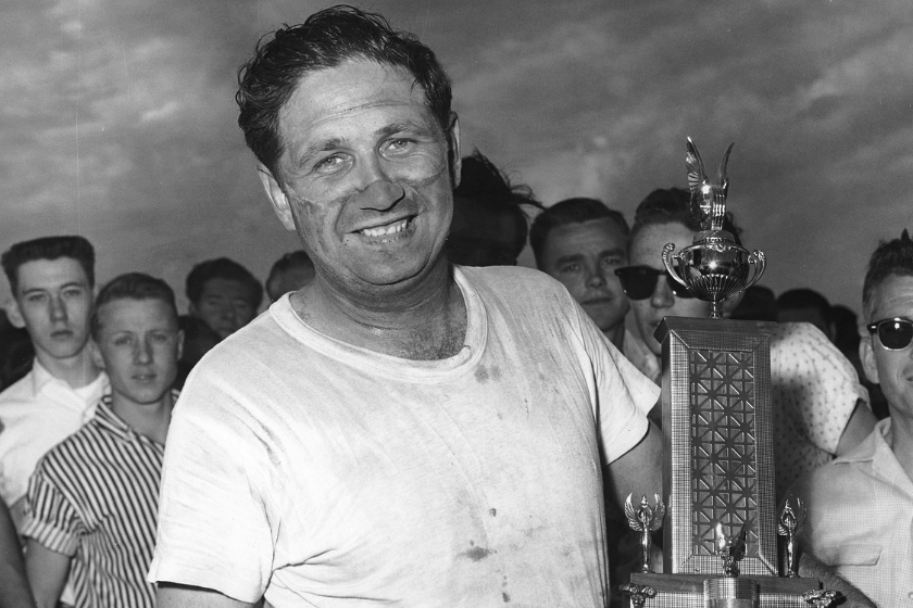 Emanuel Zervakis enjoys his apparent victory in the NASCAR Cup race at Wilson Speedway. Later, Zervakis was disqualified because his car had an oversized gas tank, and the win was awarded to Joe Weatherly