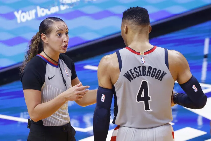 Ashley Moyer-Gleich talks with Russell Westbrook during a game on February 5, 2021.