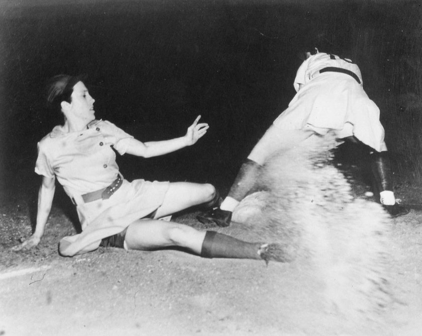 Dorothy Kamenshek slides during a 1946 AAGPBL game.