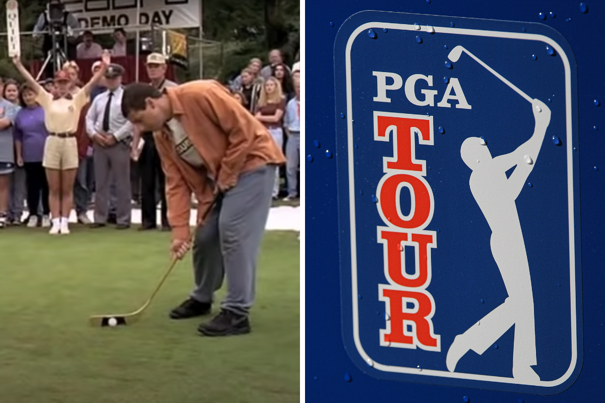 A screenshot from the final putt in "Happy Gilmore" and the PGA logo.