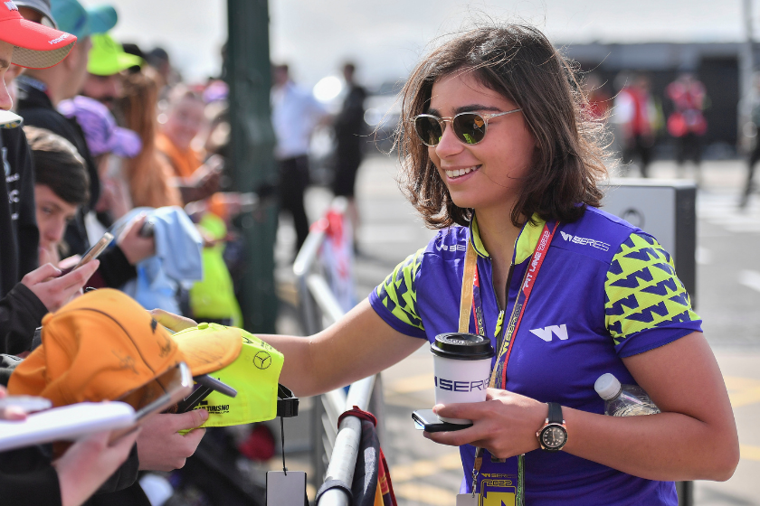 Jamie Chadwick arrives at the track during the F1 Grand Prix of Great Britain at Silverstone on July 3, 2022 in Northampton, United Kingdom