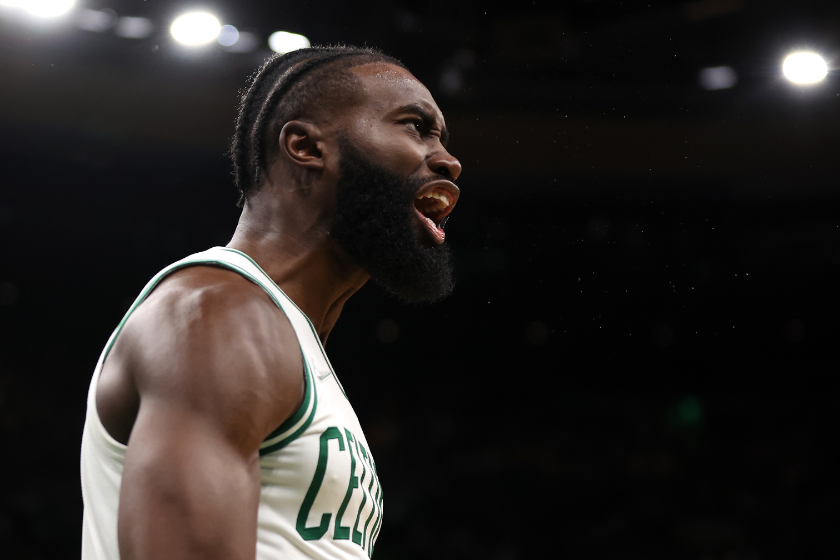 Jaylen Brown #7 of the Boston Celtics reacts to a play in the fourth quarter against the Golden State Warriors during Game Three of the 2022 NBA Finals