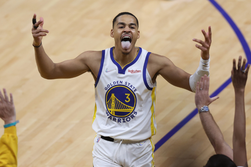 Jordan Poole #3 of the Golden State Warriors celebrates a three point basket during the third quarter against the Boston Celtics in Game Five of the 2022 NBA Finals 