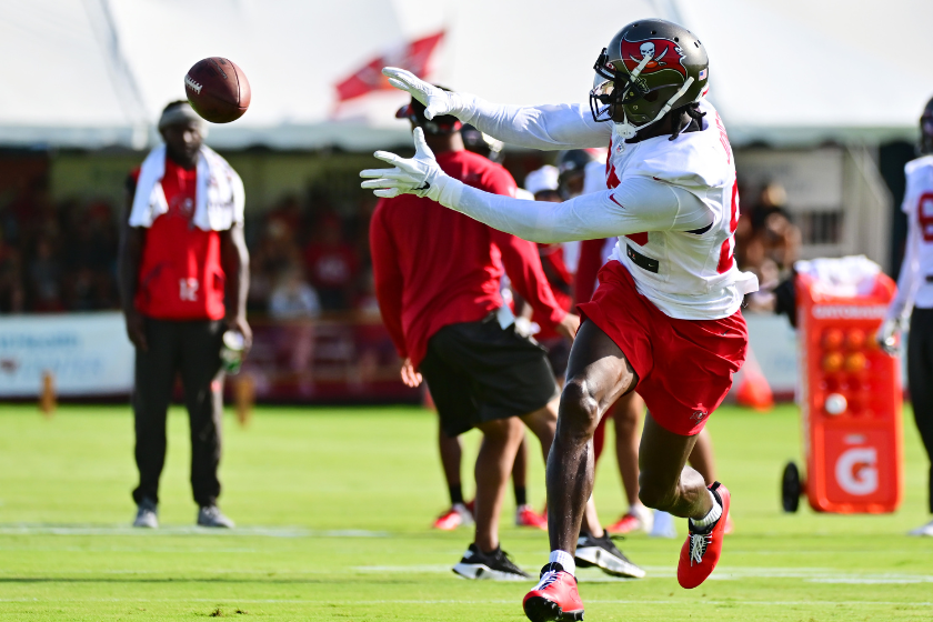 Julio Jones #85 of the Tampa Bay Buccaneers catches a pass during the 2022 Buccaneers Training Camp