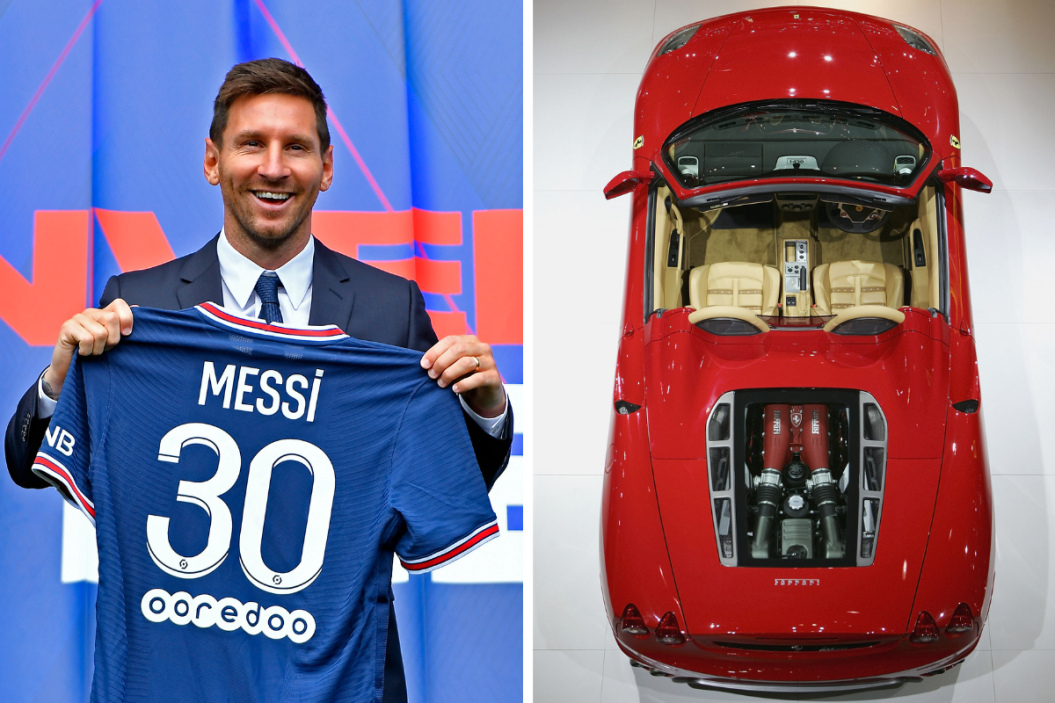 Lionel Messi is introduced by PSG after his signing, The Ferrari F430 Spyder is on display