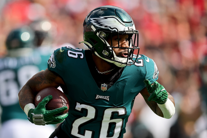 Miles Sanders of the Philadelphia Eagles runs the ball against the Tampa Bay Buccaneers during the first quarter in the NFC Wild Card Playoff game