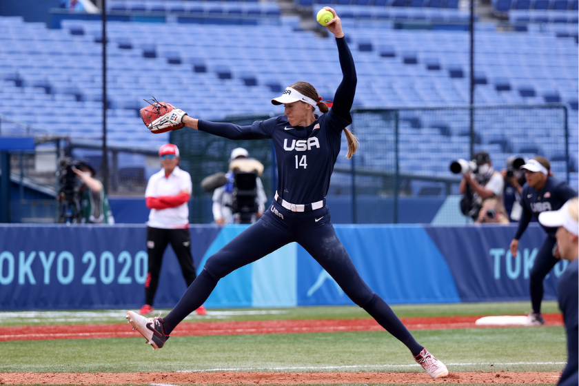 Pitcher Monica Abbott #14 of Team United States pitches against Team Japan at the Tokyo 2020 Olympic Games 