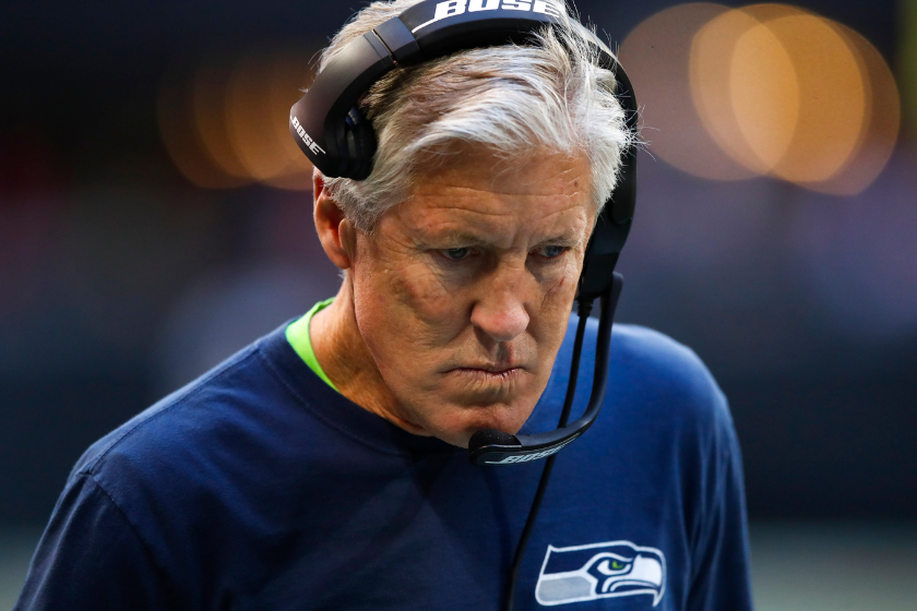 Head coach Pete Carroll of the Seattle Seahawks reacts in the second half of an NFL game