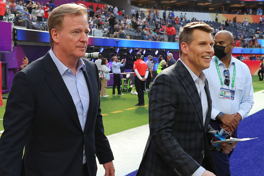 NFL Commissioner Roger Goodell and NFL RedZone host Scott Hanson at the Super Bowl at SoFi Stadium in Los Angeles