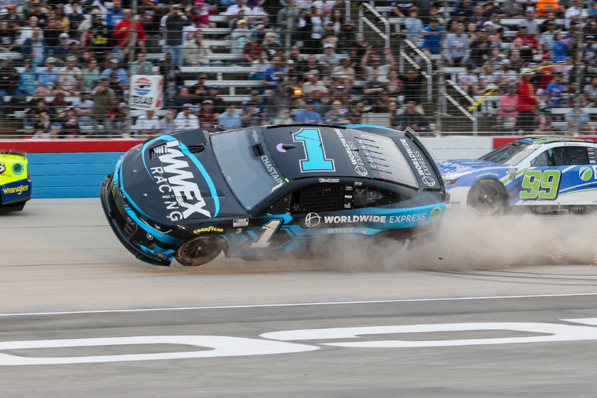 Ross Chastain gets into a wreck and bounces along the front stretch during the NASCAR All-Star Race on May 22, 2022 at the Texas Motor Speedway in Fort Worth, Texas