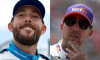 Ross Chastain walks the grid prior to the 2022 Kwik Trip 250 ; Denny Hamlin looks on during the 2022 Enjoy Illinois 300