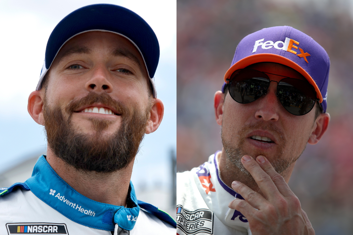 Ross Chastain walks the grid prior to the 2022 Kwik Trip 250 ; Denny Hamlin looks on during the 2022 Enjoy Illinois 300