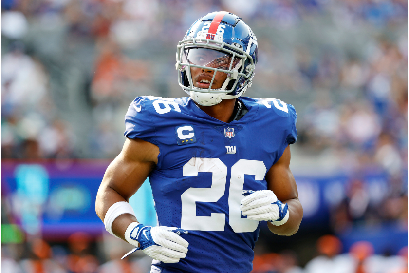 Saquon Barkley of the New York Giants looks on during the game against the Denver Broncos