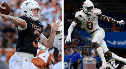 Quinn Ewers during the Texas Longhorns Orange and White game, DeMarvion Overshown in the 2020 Alamo Bowl