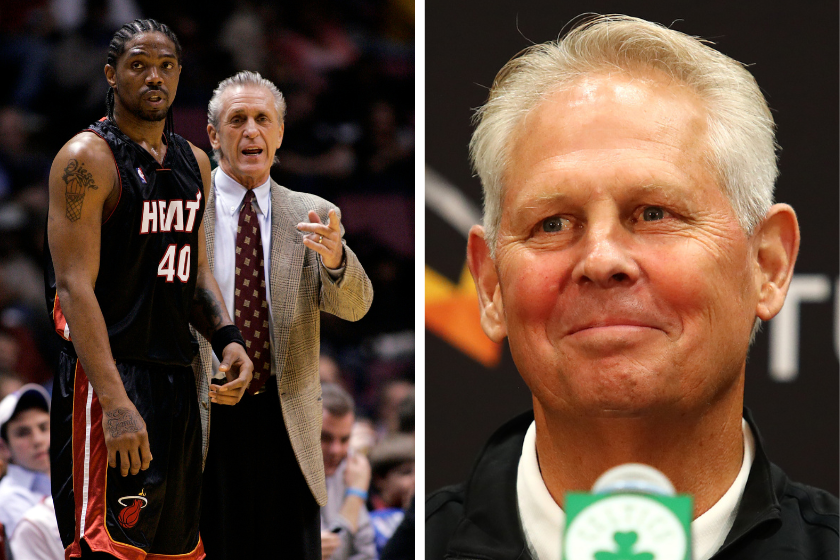 Udonis Haslem and PAt Riley discuss a play during a Miami Heat game, Danny Ainge smiles during a Celtics press conference.