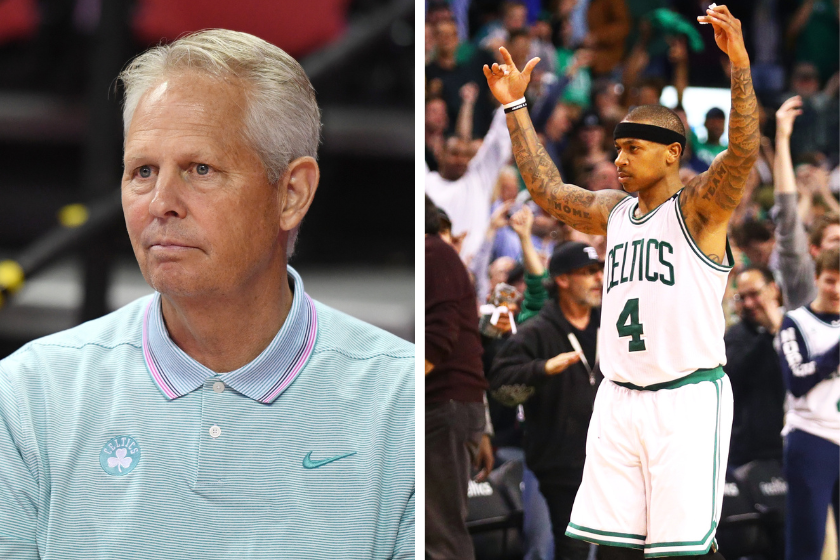 Danny Ainge watches the Boston Celtics from his courtside seat, Isaiah Thomas reacts to the TD Garden crowd during a Celtics game.