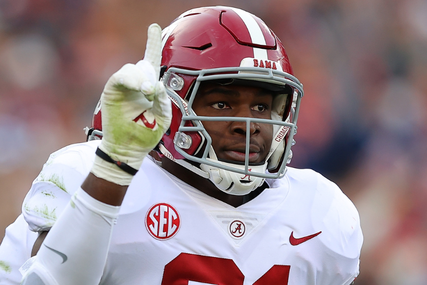 Will Anderson Jr. #31 of the Alabama Crimson Tide reacts after sacking TJ Finley #1 of the Auburn Tigers during the Iron Bowl