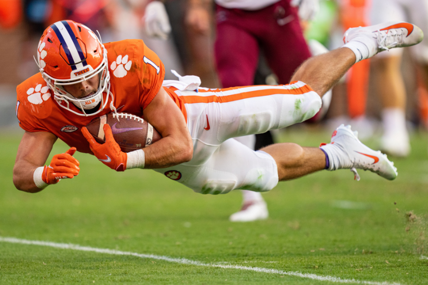 Will Shipley dives for a touchdown during the third quarter during their game against the South Carolina State Bulldogs