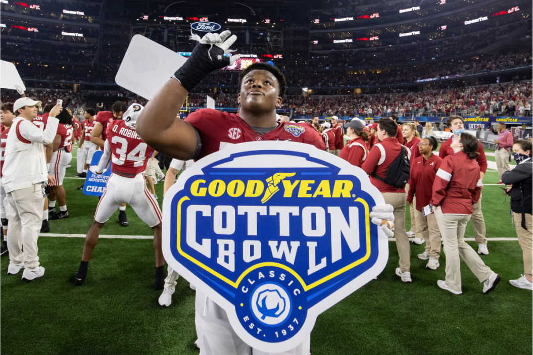 An Alabama player celebrating his team's victory over Cincinnati in last year's Cotton Bowl.