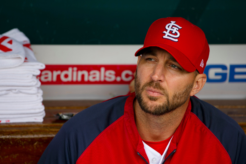 Adam Wainwright #50 of the St. Louis Cardinals in the dugout prior to playing against the Pittsburgh Pirates during the game between the Pittsburgh Pirates and the St. Louis Cardinals