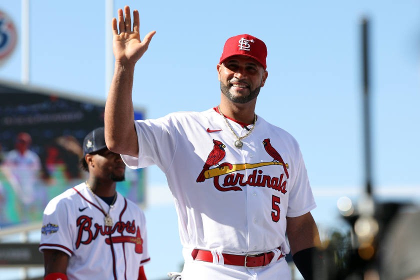 Albert Pujols waving to the crowd before the 2022 Home Run Derby.