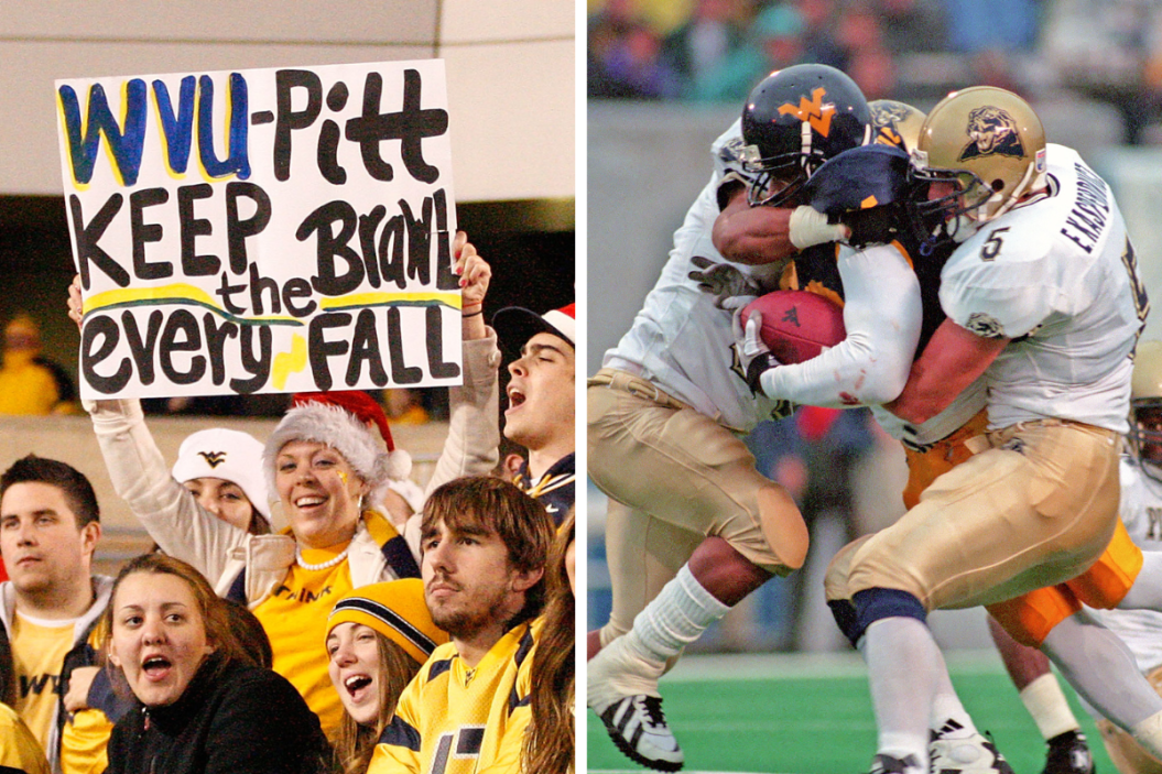 A student supporter of the West Virginia Mountaineers holds up a sign during the 2011 Backyard Brawl against the University of Pittsburgh Panthers, Linebacker Eric Kasperowicz #5 and safety Curtis McGhee of the University of Pittsburgh Panthers tackle running back Amos Zereoue of the West Virginia University Mountaineers during a Big East college football game