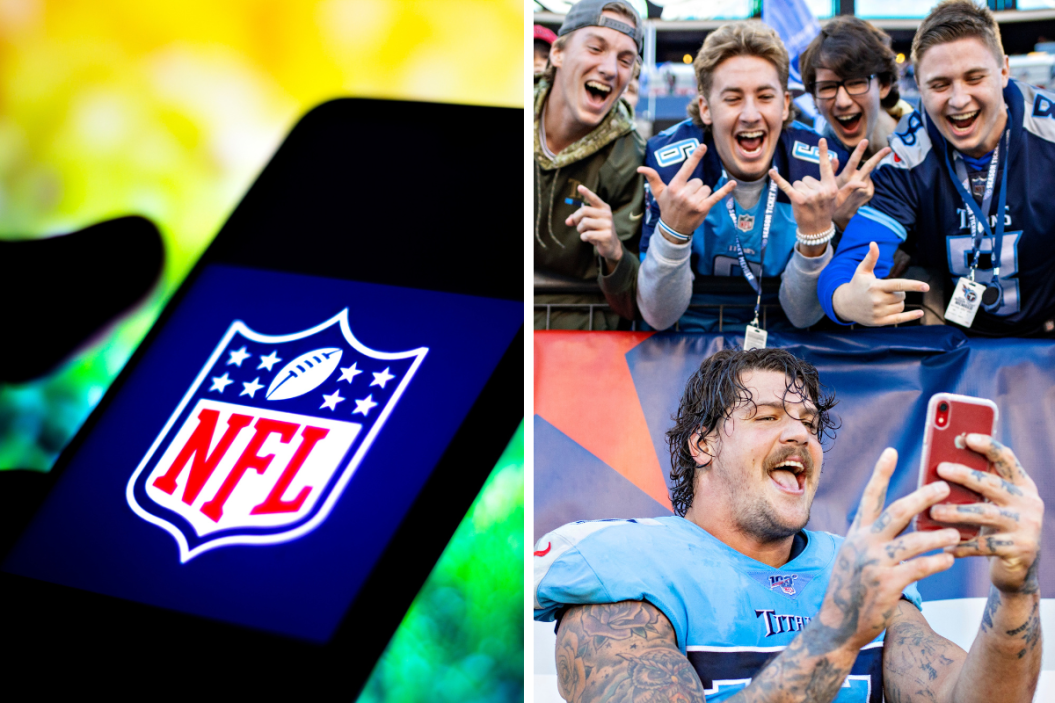 In this photo illustration the NFL logo seen displayed on a smartphone, Taylor Lewan #77 of the Tennessee Titans takes a selfie with fans after of a game against the Kansas City Chiefs