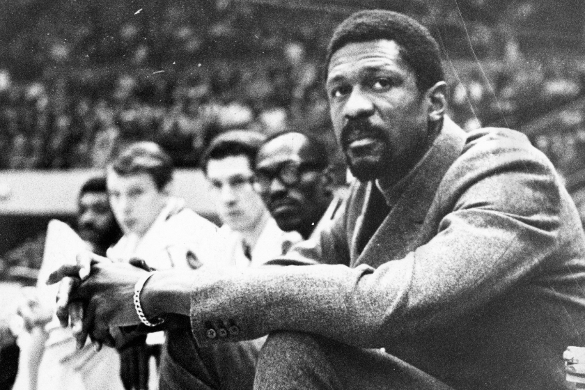 Bill Russell on the Celtics sidelines as player-coach
