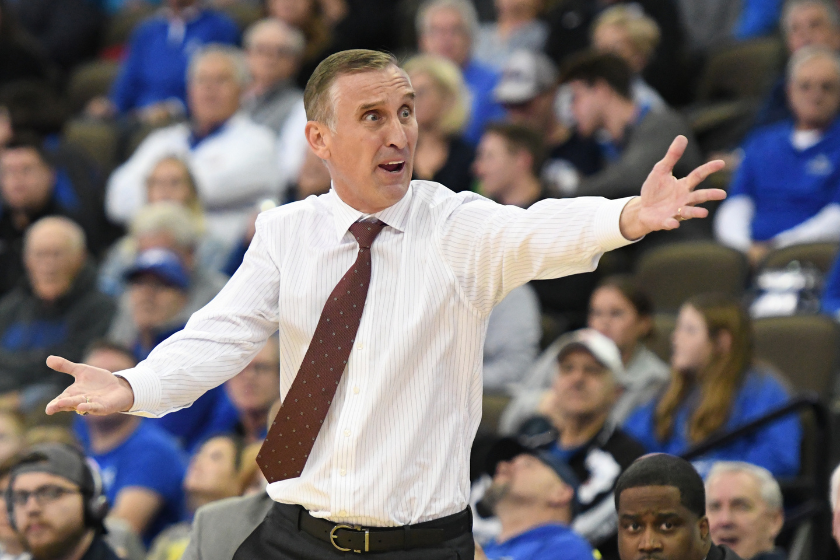 Head coach Bobby Hurley of the Arizona State Sun Devils reacts to a call during a college basketball game against the Creighton Bluejays