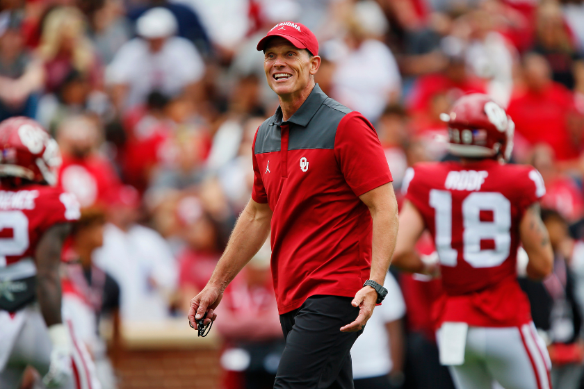 Oklahoma head coach Brent Venables coaches his team during the spring game.